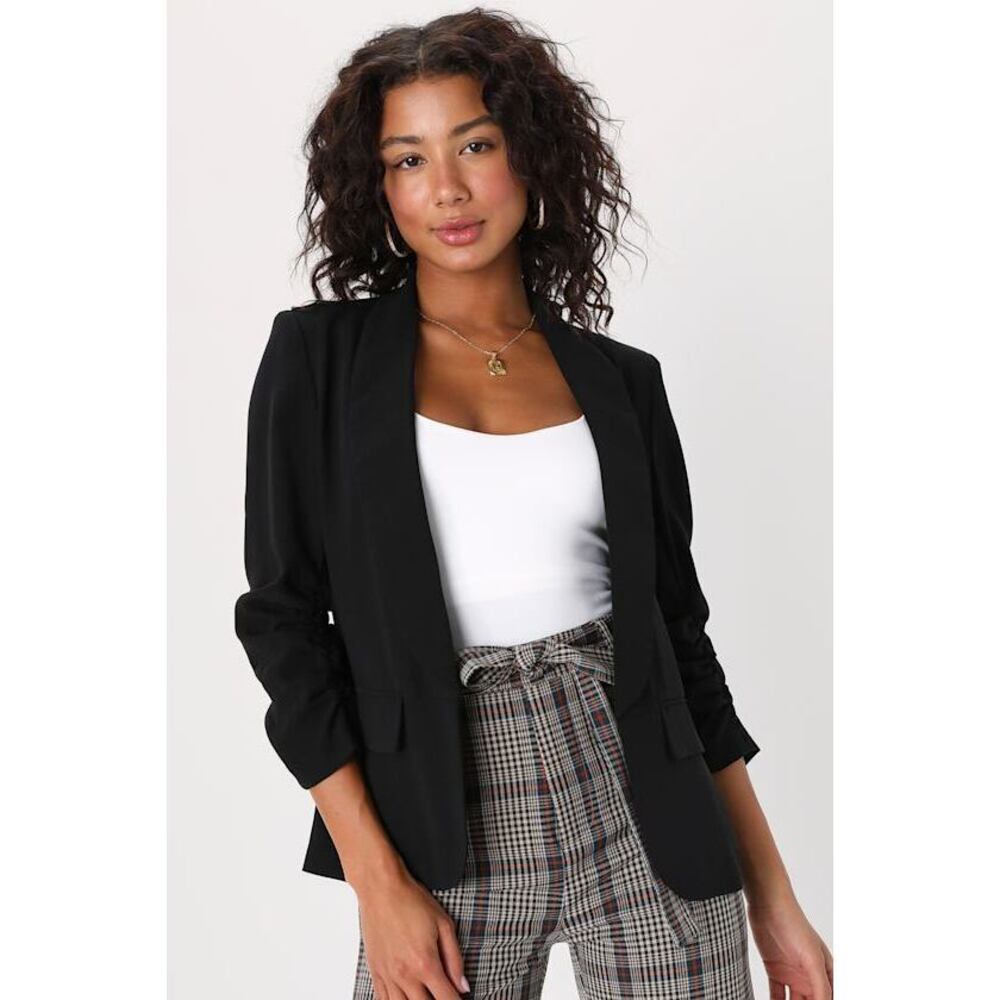 Lulus Established Excellence Black Ruched Blazer - Size L